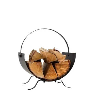 Image of Trendi Black Metal Log Holder for Firewood Storage Fireplace Basket with Handle Wood Organizer Stand Indoor, Outdoor Use Sturdy &amp; Durable Carrier Hearth, Patio, and Campfires