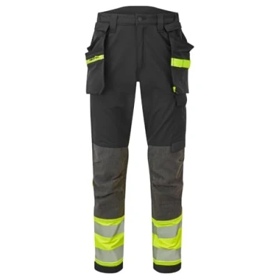 Image of Portwest EV442 Men&#039;s Hi Vis Work Trousers Slim Fit Stretch Fabric Workwear Utility Safety with Detachable Holster Pocket and Knee Pad Pockets Black/Yellow, 34 Tall