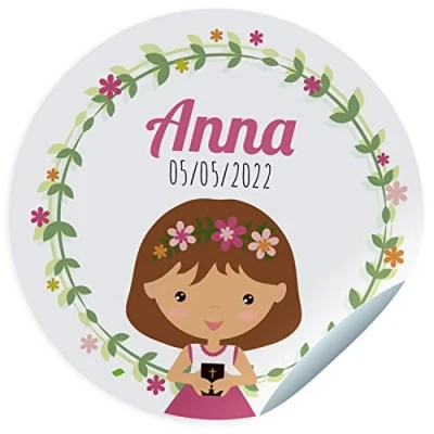 Image of ETIKIDS Communion sticker labels personalised name and date stickers for guests gifts size 45mm/60mm/70mm diameter not suitable clothes (NIÑA CASTAÑA)