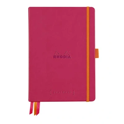 Image of RHODIA 118581C Raspberry Bullet Journal Goalbook Hard Notebook A5 Dotted Dot 240 Pages 90g White Clairefontaine Paper 3 Ribbons, Elastic Closure Faux Leather Cover