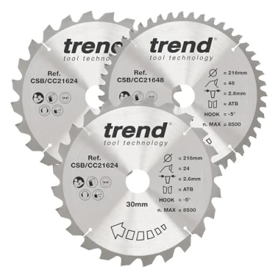 Image of Trend Wood Mitre Saw Blade, 216mm Diameter, 30mm Bore, 24/48 Teeth, 2.6mm Kerf, 5 Hook, TCT, Coarse/Fine Finish, 3 Pack, CSB/CC216/3/A