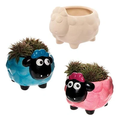 Image of Baker Ross Fluffy Sheep Ceramic Flowerpots Pack of 2, Craft Kits for Kids (AX828)