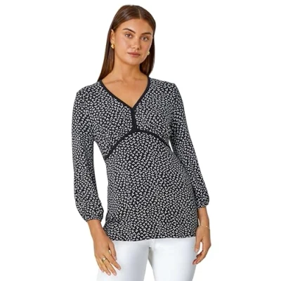 Image of Roman Originals Ditsy Floral Stretch V Neck Top for Women UK Ladies Black Size 12