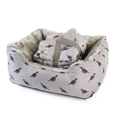 Image of Rosewood Cupid &amp; Comet Luxury Faux Fur Grey Partridge Print Bundle Bed Large, Includes: Bed, Blanket and Comfort Bone Toy