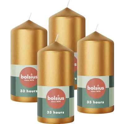Image of Bolsius Pillar Candles Metallic Gold 4 Pack 12 x 6 cm Long Burning Time of 33 Hours Decorative Household Unscented Includes Natural Vegan Wax Without Palm Oil