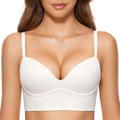Image of DOBREVA Women&#039;s Push Up Bra Padded Wireless Longline Corset Plunge Comfort T Shirt Bras White 36A