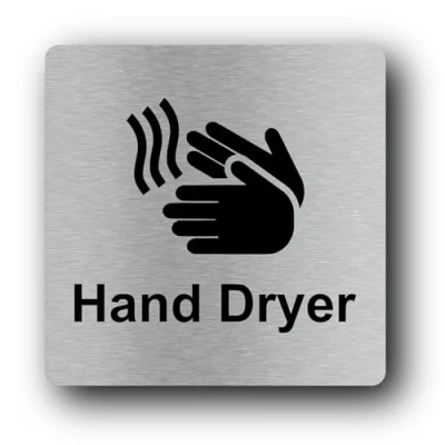 Image of Hand Dryer Sign, Aluminium Self Adhesive UV Printed, Metallic Silver Restroom Instructional Signage, Peel and Stick Indoor Outdoor Business Wall 145mm x
