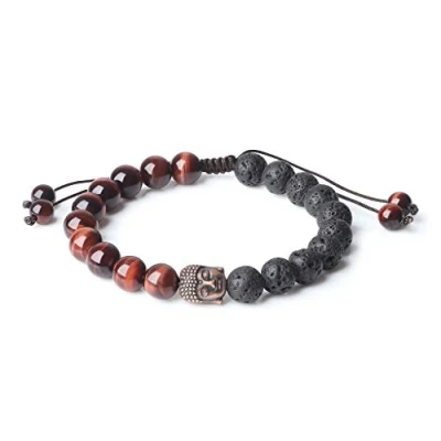 Image of COAI® 8mm Buddha Head Mala Prayer Beads Red Tiger Eye Lava Stones Bracelet