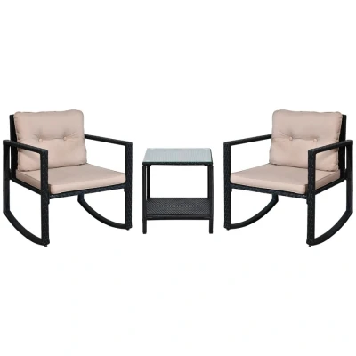 Image of Outsunny 3 Pieces Rattan Garden Rocking Chair Set, Outdoor Bistro Set w/ 2 Cushioned Armchair and Glass Top Two tier Coffee Table, Black