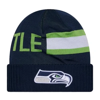 Image of New Era Unisex Adult NFL Official Sideline Team Logo Wordmark Tech Cuffed Beanie Cold Weather Knit Hat, Seattle Seahawks Navy, One size