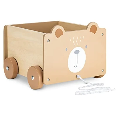 Image of Navaris Kids Toy Box Teddy Bear Wooden Chest for Childrens, Boys, Girls Toys with Wheels Unisex Children Games Bedroom Storage Trunk Brown
