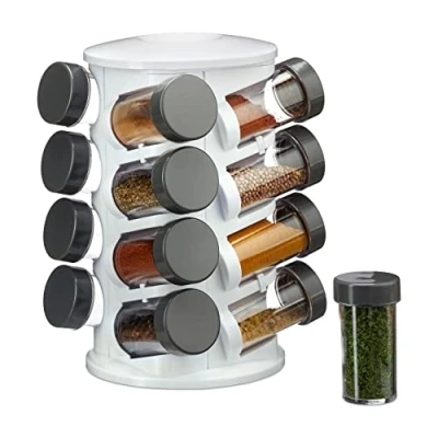 Image of Relaxdays Spice Rack, Rotatable, 16 Jars, Flavour Preserving Storage, &amp; Herb Organiser, Plastic, White