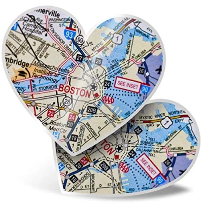 Image of 2 x Heart Vinyl Stickers 7.5 cm Boston Massachusetts America USA Travel Map 44428