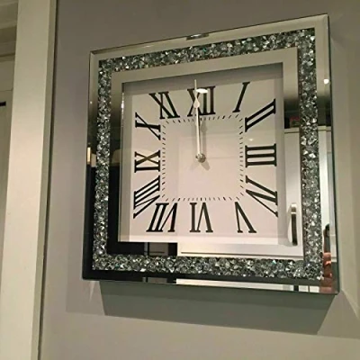 Image of Elegant 35cm Crushed mirror Jewel wall clock roman numbers diamante glass clock…