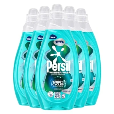 Image of Persil Wonder Wash Liquid Detergent Stain Removal Designed for Shortest Cycles Even in 15 Minutes Fast Acting Formula with PRO S Technology 55 Washes 1.485 Litre, 5 Pack (Speed Clean)
