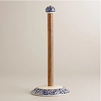 Image of FENRIR Paper towel Holder Stand Dispenser Wooden AND Ceramic Blue White HAND CRAFTED PAINTED NORTHERN AFRICAN DESIGN.