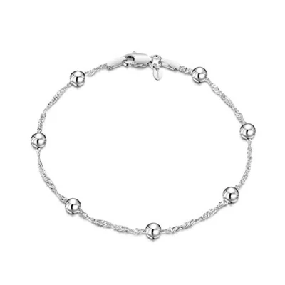 Image of Amberta 925 Sterling Silver 1.4 Singapore Chain Bracelet with 4 mm Ball Beads Length 7&quot; inch / 18 cm (7)
