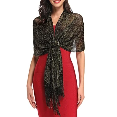 Image of vimate Shawls and Wraps for Evening Dresses, Sparkly Metallic Black &amp; Gold Scarf Party Dresses(UK Gold)
