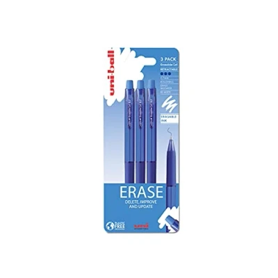 Image of uni ball URN 181 07 On Point Erasable Ballpoint Blue Gel Pens. Premium 0.7mm Rollerball Tip for Super Smooth Handwriting. Easy Retract Eraser Secure and Stable Rubbing Out. Pack of 3