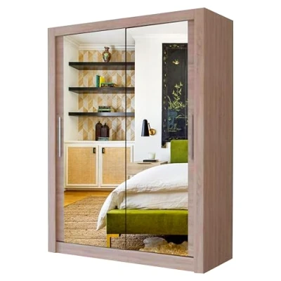 Image of A.C. Milan Modern Double Mirror sliding door wardrobe with LED Light Width 100cm/120cm/150cm/180cm/203cm/250cm (100, Oak/Sonoma)