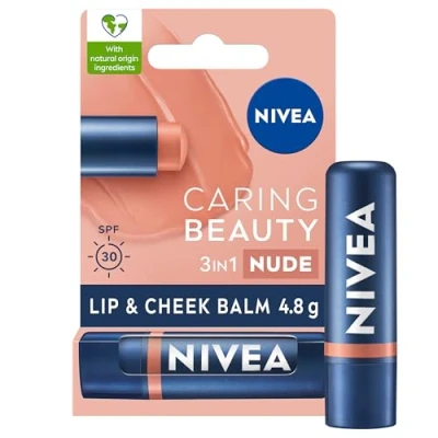 Image of NIVEA Caring Beauty Nude Lip Balm SPF30 (4.8g), 3 in 1 Buttery and Cheek Tint, Rich Colour 24H Moisturisation with SPF 30 Protection