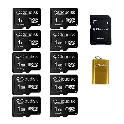 Image of Cloudisk Pack of 10 Micro SD Card 1GB Flash Memory C4 with Adapter, Reader