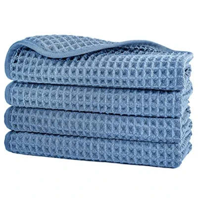 Image of POLYTE Microfibre Lint Free Washcloth Face Towel, 33 x cm, 4 Pack (Blue, Waffle Weave)