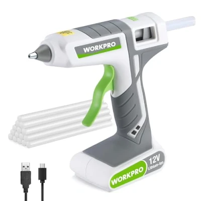 Image of WORKPRO Cordless Glue Gun,12V Rechargeable Fast Preheating Hot Gun Kit with 15pcs Full Size Sticks(11x200mm) Battery Powered for DIY Project, Art, Craft White