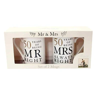 Image of Amore 50th Anniversary Set of 2 China Mugs &#039;Mr Right &amp; Mrs Always Right&#039;