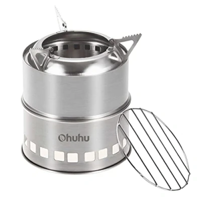 Image of Camping Stove, Ohuhu Rocket Stove Stainless Steel Lightweight Wood Alcohol Portable Outdoor Cooking Picnic BBQ Hiking with Mesh Bag