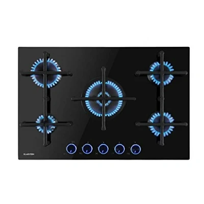 Image of Klarstein Gas Cooker, 5 Burners Hob, 11.5 kW Built In Five Ring Campervan Cooktops Cookers, Stainless Steel Glass Top Wok Burner, Kitchen Stoves Cooker Units