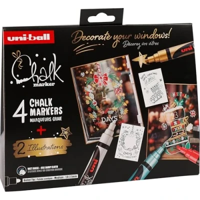 Image of uni ball Liquid Chalk Pens. Multi Purpose Wipeable Coloured Markers for Blackboards, Chalkboards, Whiteboards, Glass, Mirrors, Plastic, Windows, Metal. Medium Tip. 4pc Christmas Set