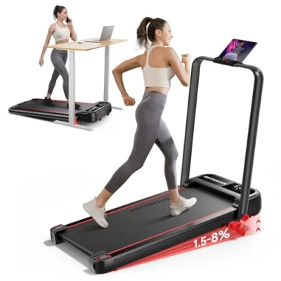 Image of RHYTHM FUN Incline Foldable Treadmill, Walking Pad with Handle Bar 3 Level Incline, 300 Lbs Portable Treadmill for Home Office, Under Desk Compact LED Display Remote Control &amp; APP