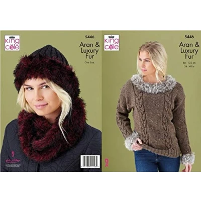 Image of King Cole Aran &amp; Luxury Fur Knitting Pattern Ladies Cable Sweater Cowl Hat (5446)