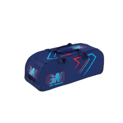 Image of Gunn &amp; Moore GM Cricket Wheelie Duffle Duffel Bag 707 All Terrain Wheels Tough 600 Denier Polyester Medium 92 Litres Blue Electric Red