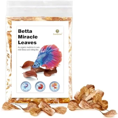 Image of SunGrow Betta Fin Rot Medicinal Leaves, Aquarium Water Conditioner, Dried Indian Almond Leaves for Fish Tank, Create Blackwater Environment, Lower pH, Reduce Stress)