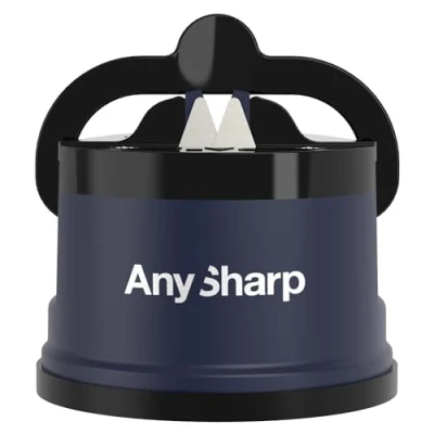 Image of AnySharp Knife Sharpener, Hands Free Safety, PowerGrip Suction, Safely Sharpens All Kitchen Knives, Ideal for Hardened Steel &amp; Serrated, World&#039;s Best, Compact, One Size, Navy Blue