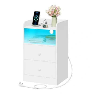 Image of WOLTU Bedside Table with Charging Station &amp; LED Lights, 2 Sockets USB Ports, Cabinet Drawers and 1 Open Compartment, Chest of Nightstand for Bedroom, White, NTS07ws