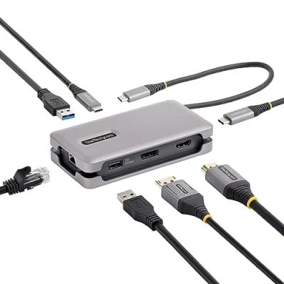 Image of StarTech.com USB C Multiport Adapter, 4K 60Hz HDMI 2.0b, HDR, 3.2 Gen 2 10Gbps Hub (2xUSB C, 1xUSB A), 100W PD Pass Through, Mini Travel Dock, 12&quot;/30cm Cable, Laptop Docking Station (DKT31CH2CPD3)