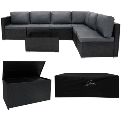 Image of Rattan Garden Furniture Modular 7 Piece Set &amp; 996L Storage Box Black 5 Seater Sofa Sectional Chairs With Cushions Coffee Table Waterproof Lining Chest Gas Lift Lid Wheels Outdoor Rain Cover