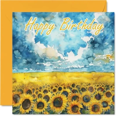 Image of Birthday Cards for Women Men Watercolour Sunflower Sky Happy Card Mum Dad Brother Sister Uncle Auntie Cousin Grandad Nanny Friend 145mm x Bday Greeting