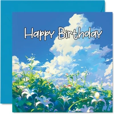 Image of Floral Birthday Cards for Women Her Lily Field Happy Card Mum Sister Daughter Auntie Cousin Nanny Grandma Friend 145mm x Lilies Flowers Greeting