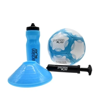 Image of PrecisionPLAY Football Training Set for Kids, Size 4 Ball, Cones, Water Bottle, Pump and Bag, Soccer Equipment Kit, Gift Young Players, Blue