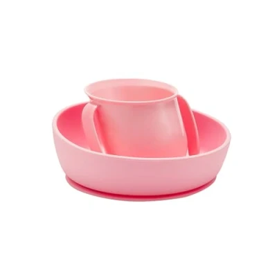 Image of Doidy Cup and Bowl Gift Set, 6 Months +, Silicone Non Slip Suction Open for Training Learning to eat &amp; Drink, weaning Feeding Essentials Baby Food (Pink)