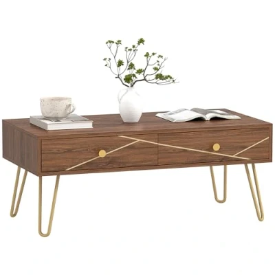 Image of HOMCOM Coffee Table with Storage, Living Room Drawers, Rectangular Tea Steel Base for Home, 100 x 50 41 cm, Brown