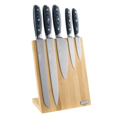 Image of Cooks Professional Ultimate 5 Piece Knife Set with Magnetic Bamboo Block Micarta Handle German Steel Chef Home Kitchen