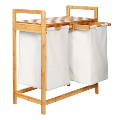 Image of Lumaland Bamboo laundry Basket with 2 extendable bags Size approx. 73 cm height x 64 width 33 depth, Colour: White