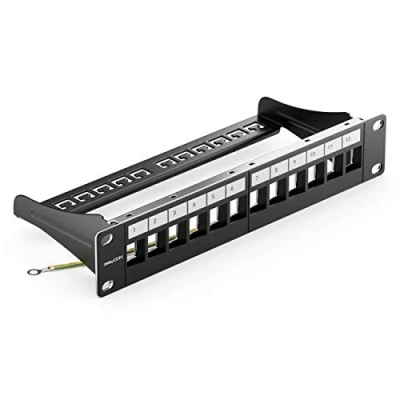Image of deleyCON 12 Port Patch Panel Modular for Keystone Modules 1U 10 Inches Rack Mounting Compatible CAT5 CAT6 CAT7 CAT8 LAN Network Black