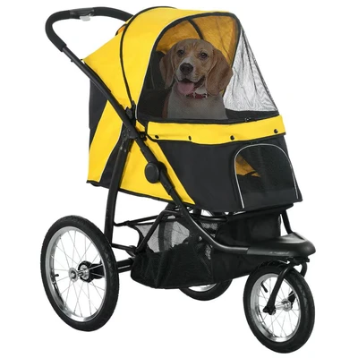 Image of PawHut Dog Pram Stroller Jogger Foldable Pet Pushchair for Medium, Small Dogs, w/Rubber Wheels, Washable Cushion Yellow