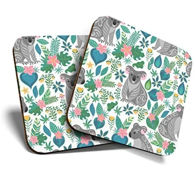 Image of 2 x Square Coasters Koala Bear Pattern Australia Oz Cork Backed Home Kitchen Accessory Tea Coffee Mug Mat #45479